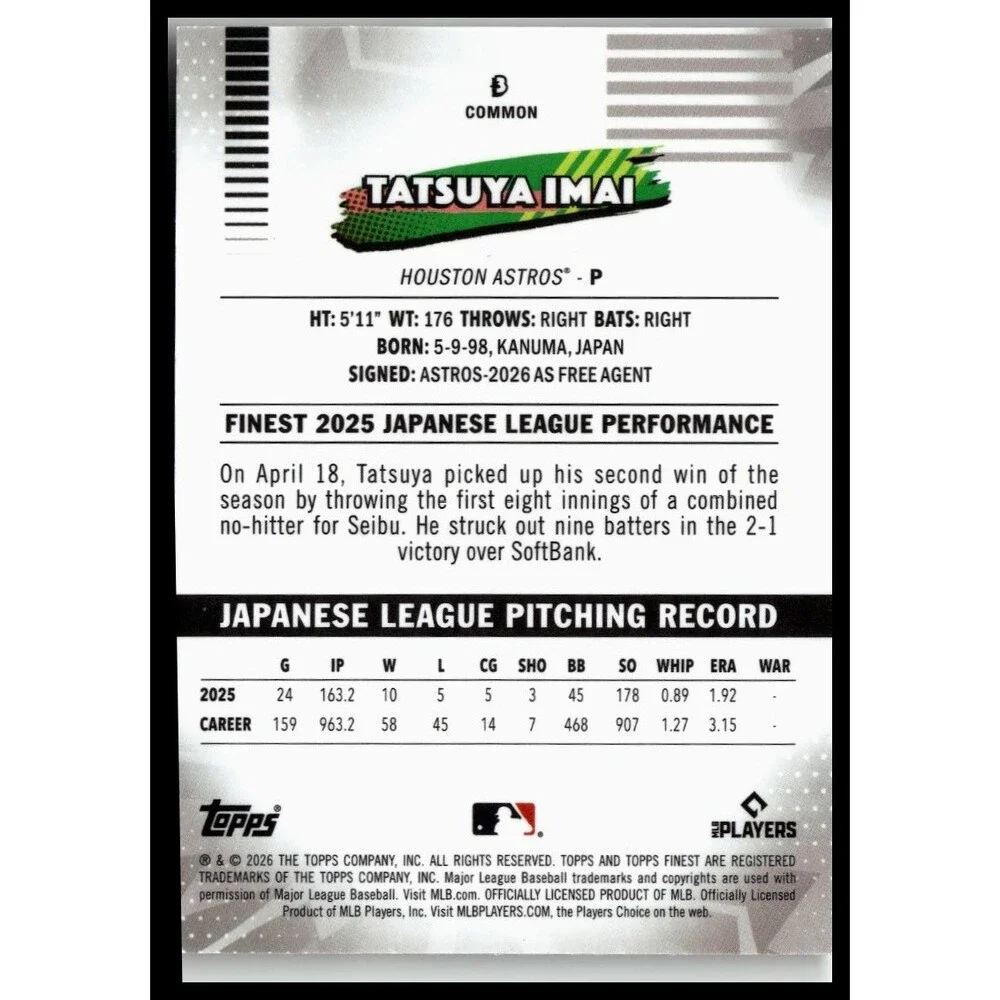 2026 Finest Tatsuya Imai Common Base Rookie RC Astros